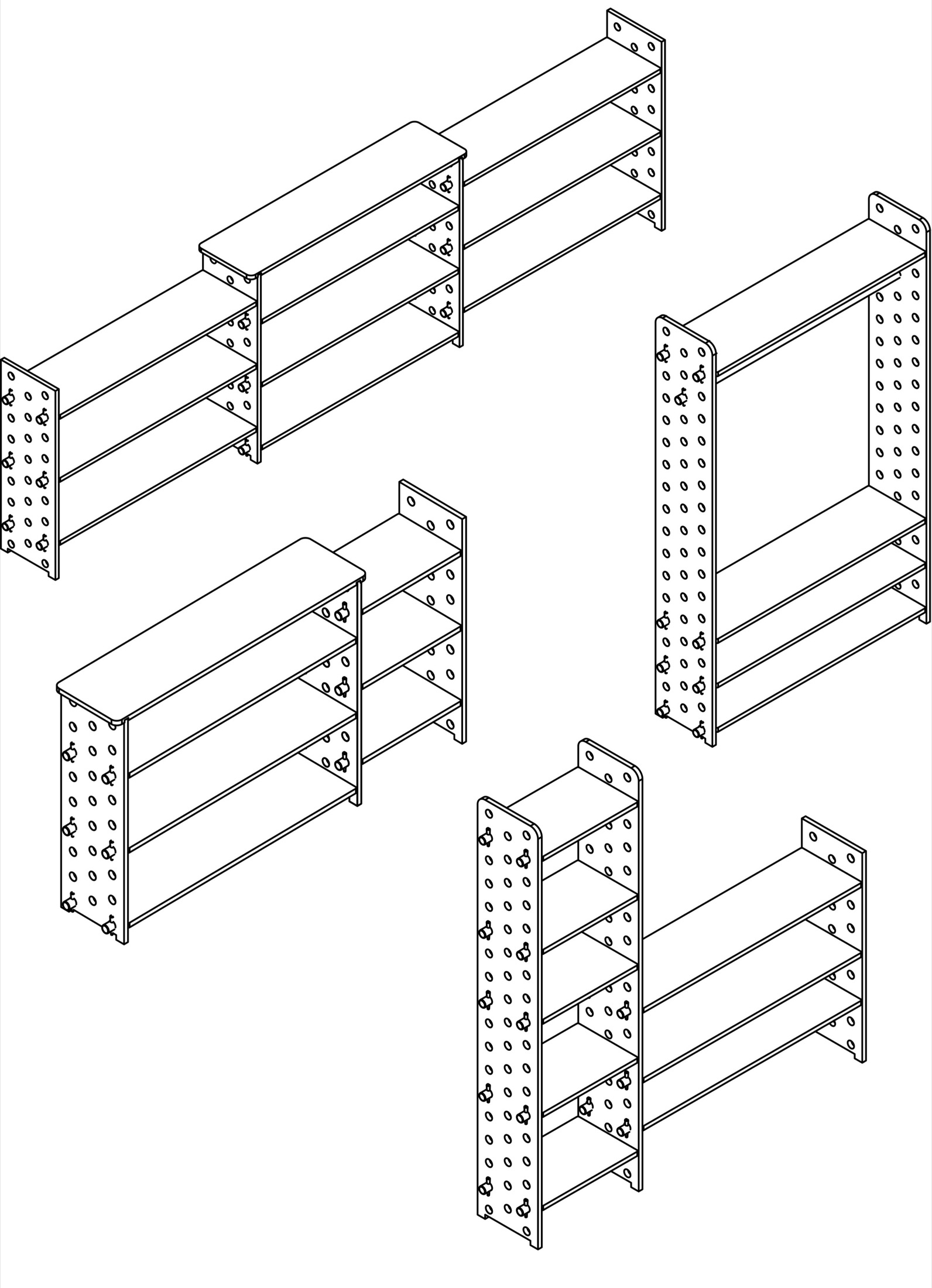 Isometric drawings showing shelves reconfigured and combined