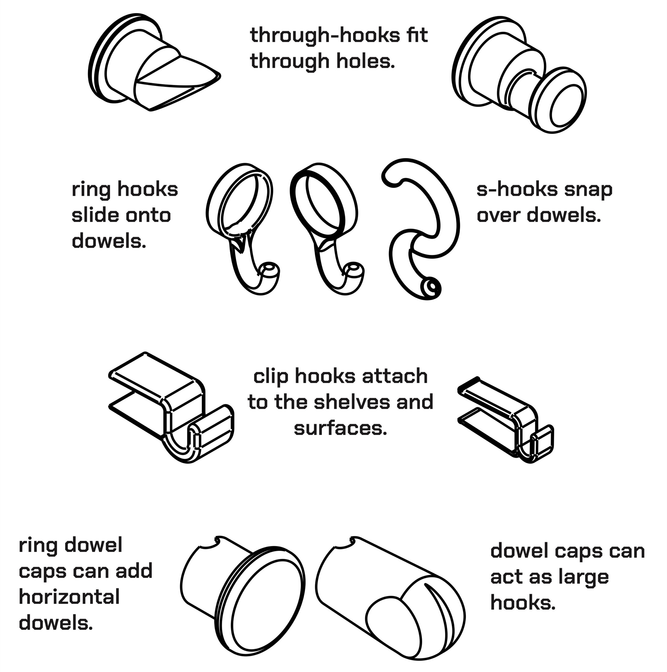 Drawings of the six hook types: through-hooks, ring hooks, s-hooks, clip hooks, ring dowel caps and dowel caps