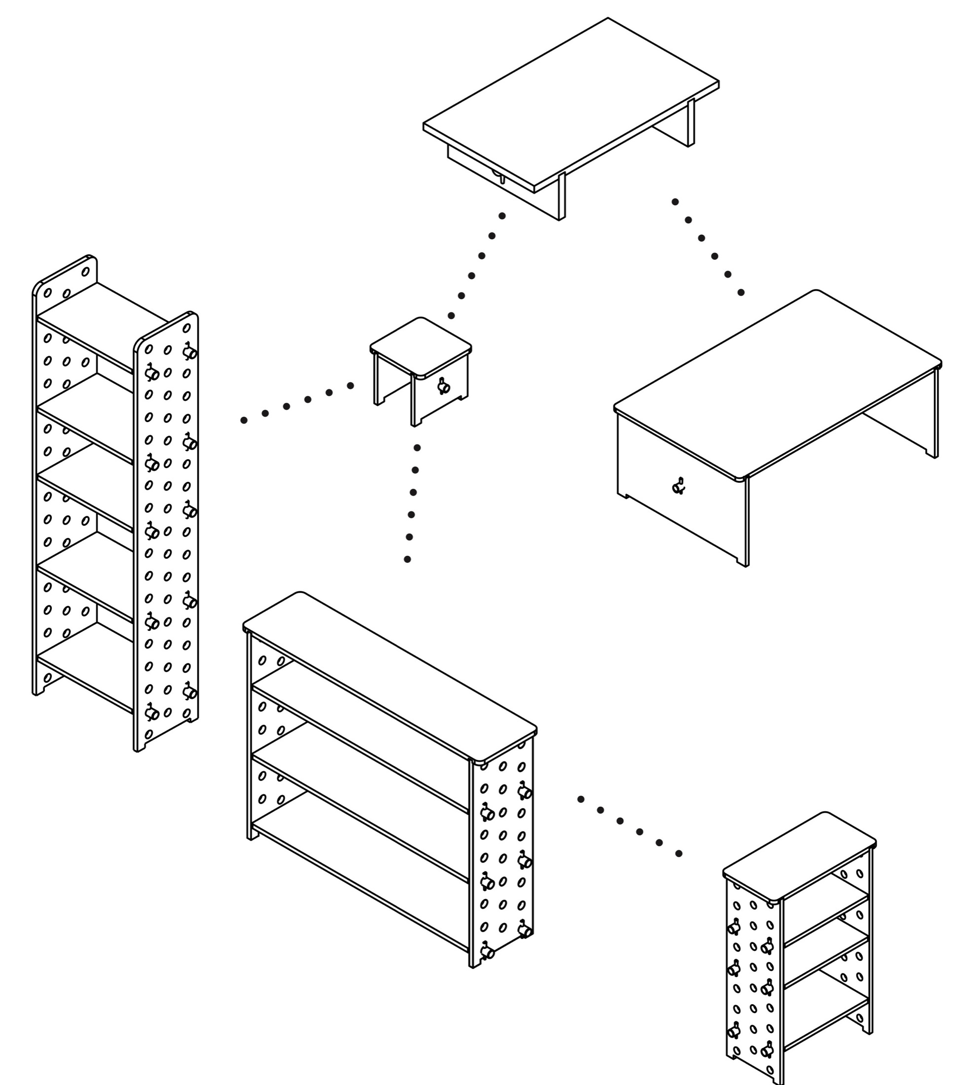 Isometric drawings showing one system resized into a table, desk, stool and shelves